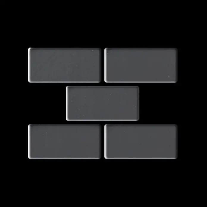 ALLOY Mosaikfliese Mosaik Fliese massiv Metall Edelstahl hochglanz grau 1,6mm House-S-S-M - 318 x 307 mm, Grau, Silber, Hochglänzend - Fünf glänzende dunkelgraue rechteckige Fliesen in einem Ziegelmuster angeordnet.