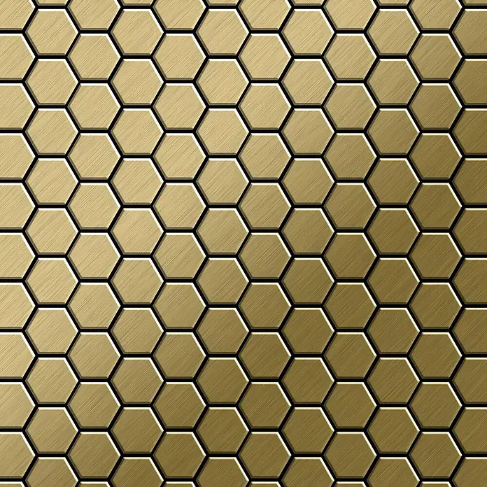 ALLOY Mosaikfliese Mosaik Fliese massiv Metall Titan gebürstet gold 1,6mm stark Honey-Ti-GB - 329 x 332 mm, Gold, Sonstiges - Goldenes sechseckiges Muster mit gebürsteter Metalltextur und subtilem 3D-Effekt.