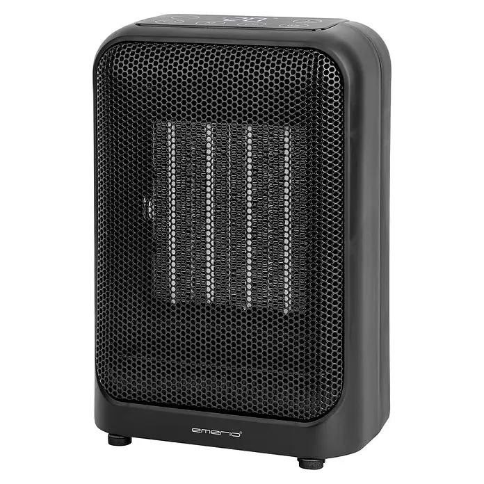 Emerio Keramik-Heizlüfter - Schwarz, 15 m² - Schwarze elektrische Heizlüfter mit Gitter und oberen Bedienelementen.
