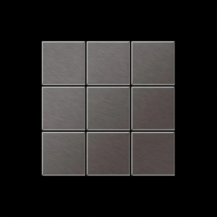 ALLOY Mosaikfliese Mosaik Fliese massiv Titan gebürstet dunkelgrau 1,6mm stark Century-Ti-SB - 98 x 98 mm, Schwarz, Grau, Sonstiges - Neun dunkelgraue, gebürstete quadratische Metallfliesen in einem 3x3-Raster.