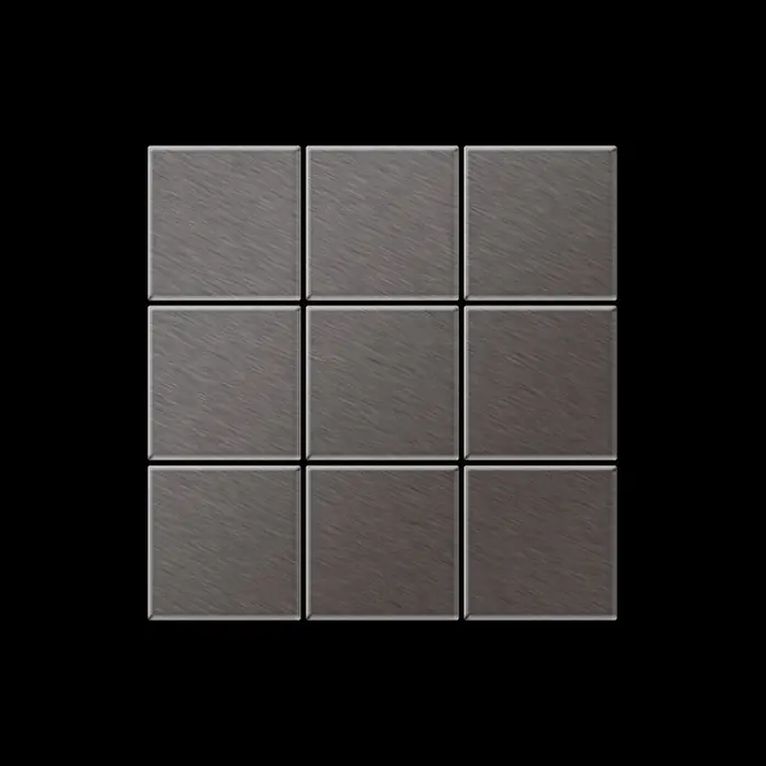 ALLOY Mosaikfliese Mosaik Fliese massiv Titan gebürstet dunkelgrau 1,6mm stark Century-Ti-SB - 98 x 98 mm, Schwarz, Grau, Sonstiges - Neun graue, gebürstete Metallfliesen in quadratischer Form, angeordnet in einem 3x3-Gitter.