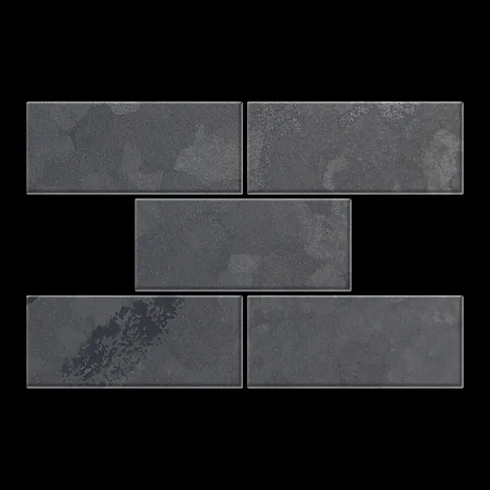 ALLOY Mosaikfliese Mosaik Fliese massiv Metall Rohstahl gewalzt grau 1,6mm stark Subway-RS - 76 x 152 mm, Grau, Sonstiges - Dunkelgraue, rechteckige Fliesen mit strukturierter, metallischer Oberfläche, im versetzten Verband angeordnet.