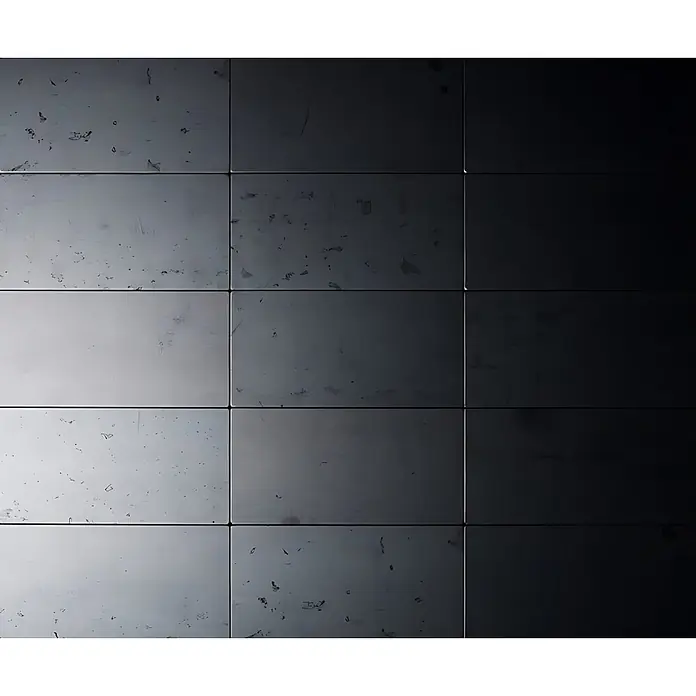 ALLOY Mosaikfliese Mosaik Fliese massiv Metall Rohstahl gewalzt grau 1,6mm stark Subway-RS - 76 x 152 mm, Grau, Sonstiges - Dunkle Metallfliesen mit zerkratzter, texturierter Oberfläche und Lichtverlauf.