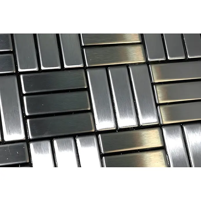 ALLOY Mosaikfliese Mosaik Fliese massiv Edelstahl gebürstet grau 1,6mm Basketweave-S-S-B - 288 x 288 mm, Grau, Silber, Sonstiges - Gebürstete Metallmosaikfliesen im Fischgrätmuster mit unterschiedlichen silbernen und warmen Reflexionen.