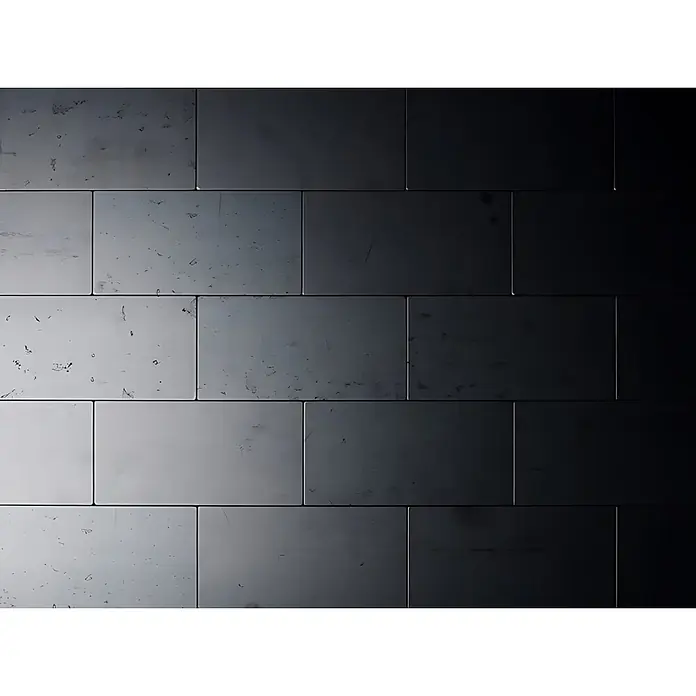 ALLOY Mosaikfliese Mosaik Fliese massiv Metall Rohstahl gewalzt grau 1,6mm stark Subway-RS - 76 x 152 mm, Grau, Sonstiges - Dunkelgraue rechteckige Fliesen mit Metallfinish, die einen Hell-Dunkel-Verlauf und leichte Abnutzungsspuren aufweisen.