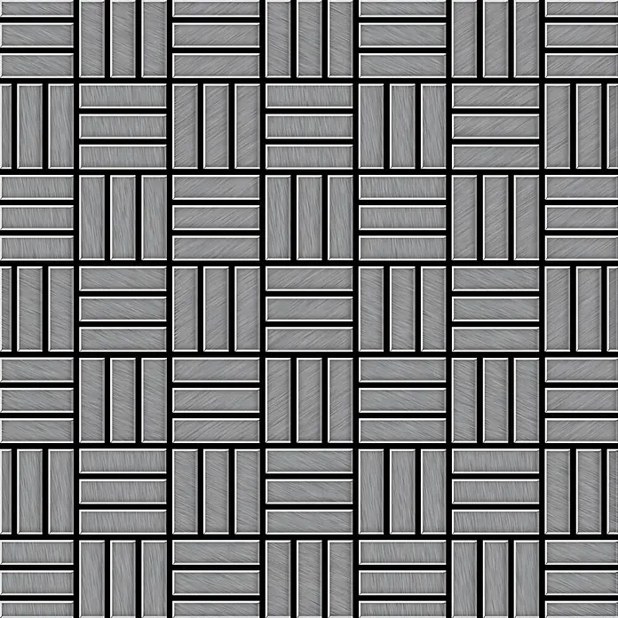 ALLOY Mosaikfliese Mosaik Fliese massiv Edelstahl gebürstet grau 1,6mm Basketweave-S-S-B - 288 x 288 mm, Grau, Silber, Sonstiges - Nahtloses Muster aus grauen Rechteckfliesen mit gebürsteter Metalltextur, in klassischem Parkettmuster angeordnet.