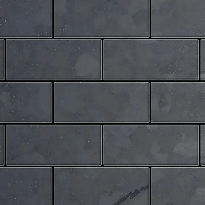 ALLOY Mosaikfliese Mosaik Fliese massiv Metall Rohstahl gewalzt grau 1,6mm stark Subway-RS - 76 x 152 mm, Grau, Sonstiges - Dunkelgraue rechteckige Fliesen mit subtiler Textur, im Ziegelmuster verlegt.