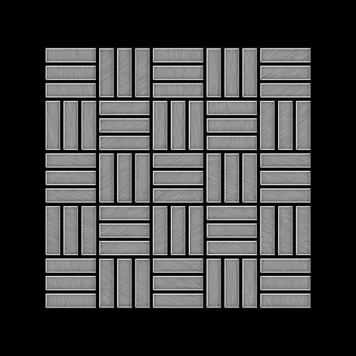 ALLOY Mosaikfliese Mosaik Fliese massiv Edelstahl gebürstet grau 1,6mm Basketweave-S-S-B - 288 x 288 mm, Grau, Silber, Sonstiges - Graue Rechteckblöcke mit gebürsteter Metalltextur, in einem Flechtmuster für Bodenbelag oder Fliesen.