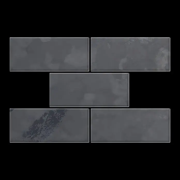 ALLOY Mosaikfliese Mosaik Fliese massiv Metall Rohstahl gewalzt grau 1,6mm stark Subway-RS - 76 x 152 mm, Grau, Sonstiges - Dunkelgraue rechteckige Fliesen mit einer melierten oder ungleichmäßigen Oberfläche, im Ziegelverband angeordnet.