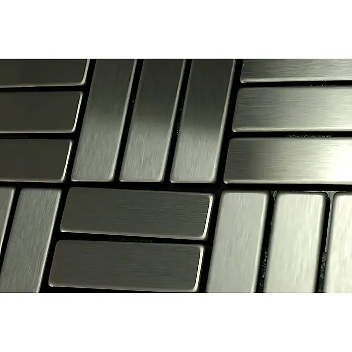 ALLOY Mosaikfliese Mosaik Fliese massiv Edelstahl gebürstet grau 1,6mm Basketweave-S-S-B - 288 x 288 mm, Grau, Silber, Sonstiges - Gebürstete, rechteckige Metallfliesen in Silber mit strukturierter Oberfläche, gemustert angeordnet.