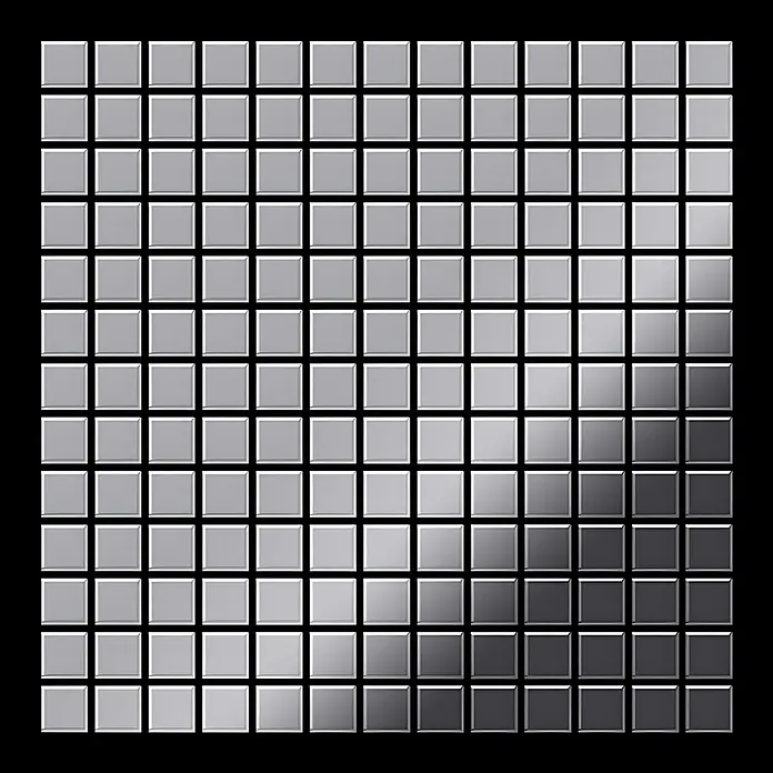 ALLOY Mosaikfliese Mosaik Fliese massiv Metall Edelstahl hochglanz grau 1,6mm Mosaic-S-S-M - 322 x 322 mm, Grau, Silber, Hochglänzend - Gitter aus reflektierenden metallischen Quadratfliesen mit einem Hell-Dunkel-Verlauf.