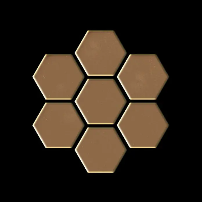 ALLOY Mosaikfliese Mosaik Fliese massiv Titan hochglänzend kupfer 1,6mm stark Honey-Ti-AM - 329 x 332 mm, Bronze, Hochglänzend - Sieben abgeschrägte bronzefarbene sechseckige Fliesen im Wabenmuster.