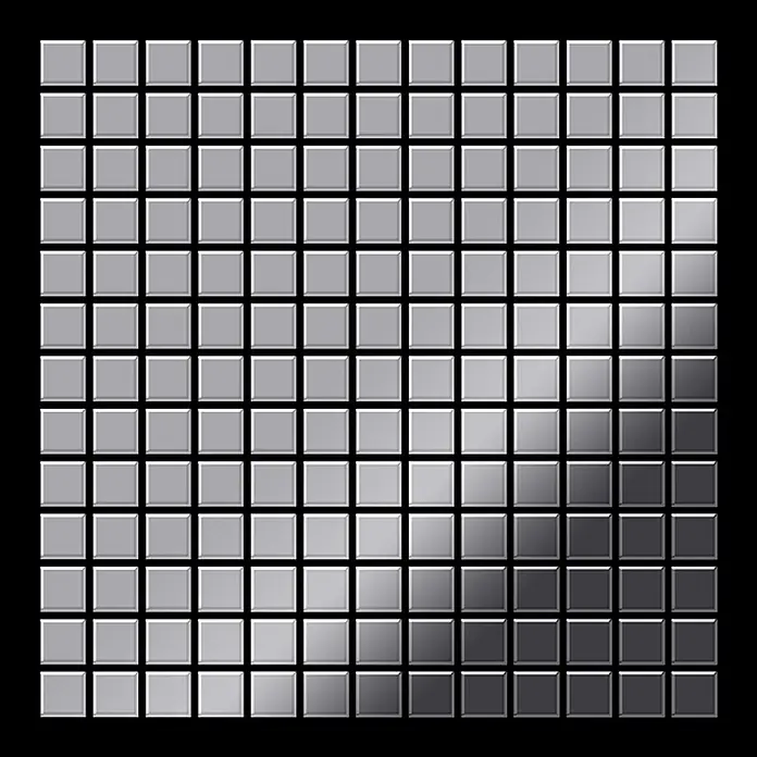 ALLOY Mosaikfliese Mosaik Fliese massiv Metall Edelstahl hochglanz grau 1,6mm Mosaic-S-S-M - 322 x 322 mm, Grau, Silber, Hochglänzend - Raster aus metallischen, silbernen Quadratkacheln mit reflektierendem Farbverlauf.