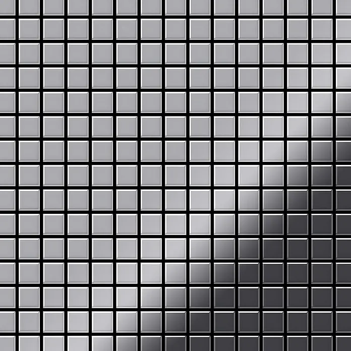 ALLOY Mosaikfliese Mosaik Fliese massiv Metall Edelstahl hochglanz grau 1,6mm Mosaic-S-S-M - 322 x 322 mm, Grau, Silber, Hochglänzend - Reflektierende silberne Mosaikfliesen in einem Gittermuster mit metallischem Glanz.