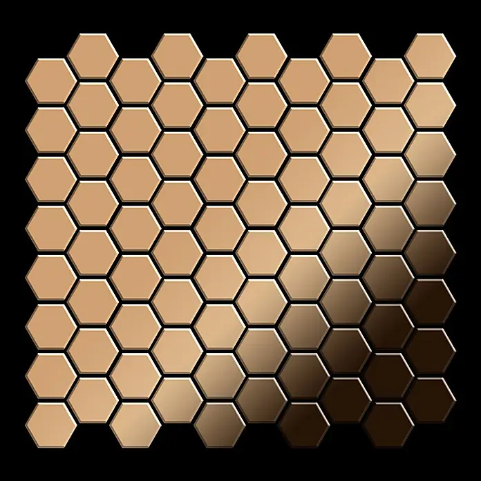 ALLOY Mosaikfliese Mosaik Fliese massiv Titan hochglänzend kupfer 1,6mm stark Honey-Ti-AM - 329 x 332 mm, Bronze, Hochglänzend - Metallische sechseckige Mosaikfliesen mit Hell-Dunkel-Bronzefarbverlauf.