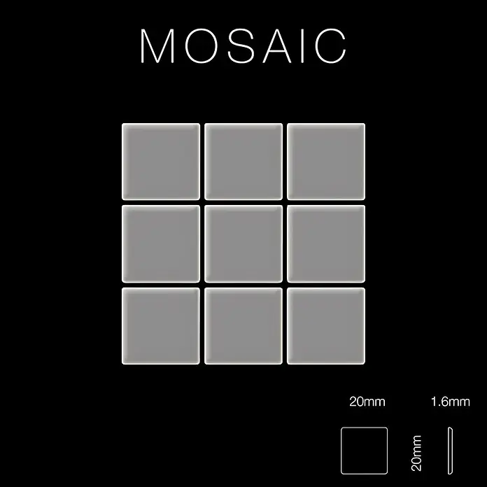 ALLOY Mosaikfliese Mosaik Fliese massiv Metall Edelstahl hochglanz grau 1,6mm Mosaic-S-S-M - 322 x 322 mm, Grau, Silber, Hochglänzend - Neun graue quadratische Mosaikfliesen (20x20x1,6mm) in einem Gitter.