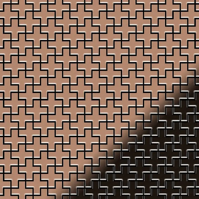 ALLOY Mosaikfliese Mosaik Fliese massiv Kupfer gewalzt kupfer 1,6mm stark Swiss Cross-CM - 322 x 322 mm, Bronze, Sonstiges - Metallisches Muster aus ineinandergreifenden Kreuzen, Bronzefarbverlauf von hell nach dunkel.