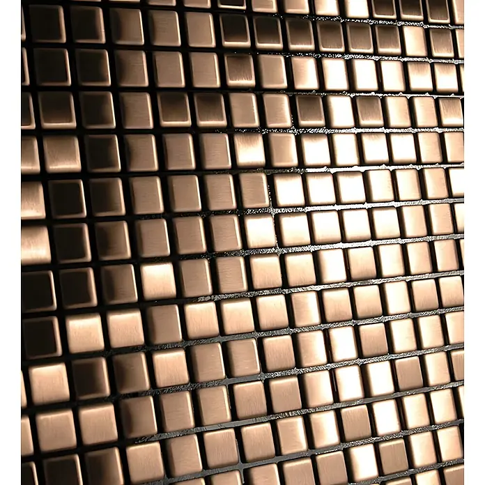 ALLOY Mosaikfliese Mosaik Fliese massiv Titan gebürstet kupfer 1,6mm stark Glomesh-Ti-AB - 316 x 316 mm, Bronze, Sonstiges - Gebürstete kupferfarbene Metallfliesen in quadratischer Form, die eine strukturierte Oberfläche bilden.
