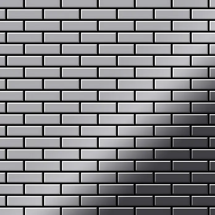 ALLOY Mosaikfliese Mosaik Fliese massiv Edelstahl hochglänzend grau 1,6mm stark PK-S-S-M - 309 x 302 mm, Grau, Silber, Hochglänzend - Rechteckige, metallisch graue Fliesen im Ziegelmuster, mit Hell-Dunkel-Verlauf.