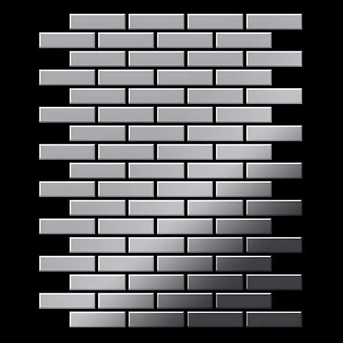 ALLOY Mosaikfliese Mosaik Fliese massiv Edelstahl hochglänzend grau 1,6mm stark PK-S-S-M - 309 x 302 mm, Grau, Silber, Hochglänzend - Metallic-silberne Rechteckfliesen im Ziegelmuster.