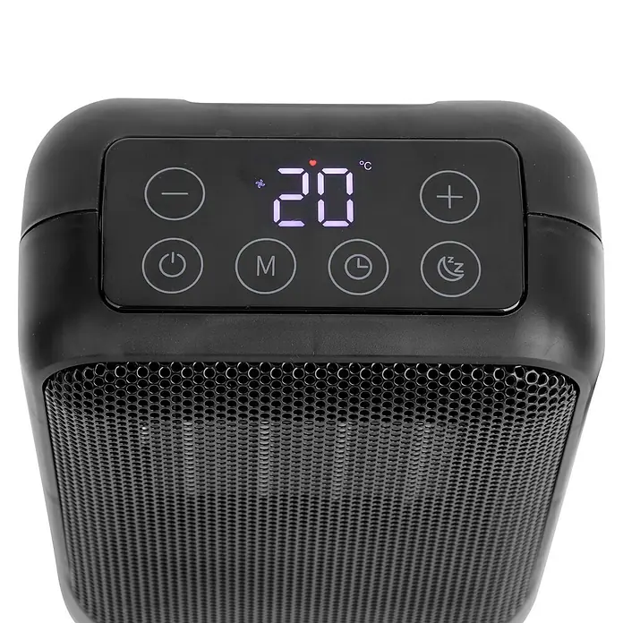 Emerio Keramik-Heizlüfter - Schwarz, 15 m² - Schwarzer Elektroheizer mit Digitalanzeige (20 °C) und Bedientasten für Ein/Aus, Temperatur, Modus, Timer und Schlafmodus.
