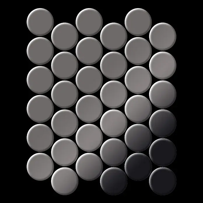 ALLOY Mosaikfliese Mosaik Fliese massiv Metall Titan hochglanz dunkelgrau 1,6mm Dome-Ti-SM - 313 x 256 mm, Schwarz, Grau, Hochglänzend - Textur aus gewölbten Kreisen, die von Hellgrau links zu Dunkelgrau und Schwarz rechts übergehen.