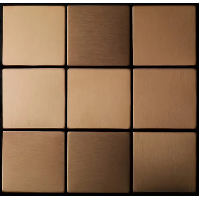 ALLOY Mosaikfliese Mosaik Fliese massiv Metall Titan gebürstet kupfer 1,6mm stark Attica-Ti-AB - 295 x 295 mm, Bronze, Sonstiges - Neun quadratische, texturierte Fliesen in verschiedenen Braun- und Beigetönen, in einem Raster angeordnet.