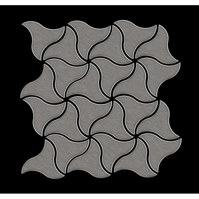 ALLOY Mosaikfliese Mosaik Fliese massiv Titan gebürstet dunkelgrau 1,6mm stark Ninja-Ti-SB - 313 x 255 mm, Schwarz, Grau, Sonstiges - Ineinandergreifende graue Mosaikfliesen aus gebürstetem Metall mit einem sich wiederholenden, gewundenen geometrischen Muster.