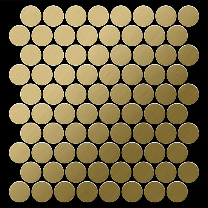 ALLOY Mosaikfliese Mosaik Fliese massiv Metall Titan gebürstet gold 1,6mm stark Dome-Ti-GB - 313 x 256 mm, Gold, Sonstiges - Gebürstete goldene runde Mosaikfliesen in einem Gittermuster angeordnet.