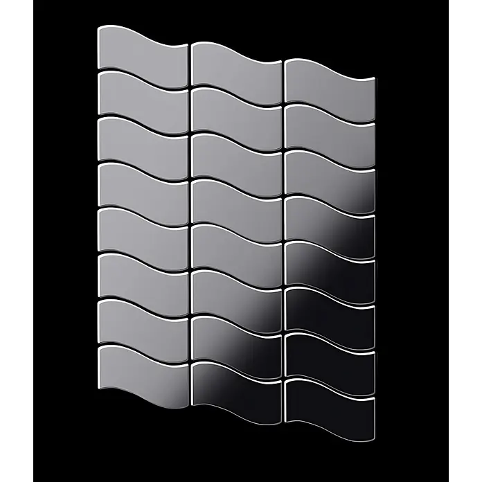 ALLOY Mosaikfliese Mosaik Fliese massiv Edelstahl marine hochglanz grau 1,6mm Flux-S-S-MM - 318 x 305 mm, Grau, Silber, Blau, Hochglänzend - Wellige, rechteckige glänzende Fliesen in einem Farbverlauf von Hellgrau zu Schwarz, als dekoratives Wandmuster.