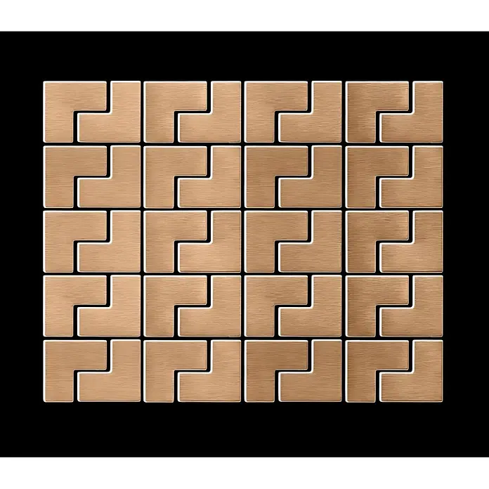 ALLOY Mosaikfliese Mosaik Fliese massiv Metall Titan gebürstet kupfer 1,6mm stark Kink-Ti-AB - 307 x 304 mm, Bronze, Sonstiges - Quadratisches Muster aus hellbraunen, gebürsteten Holz-L-förmigen Steckpuzzle-Teilen.