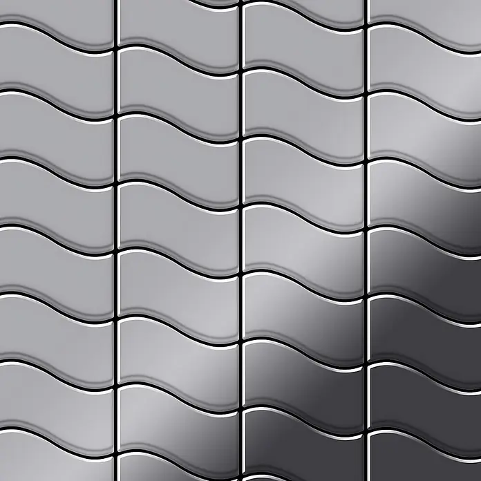 ALLOY Mosaikfliese Mosaik Fliese massiv Edelstahl marine hochglanz grau 1,6mm Flux-S-S-MM - 318 x 305 mm, Grau, Silber, Blau, Hochglänzend - Wellenförmige Zierfliesen in Grau-Schwarz-Verlauf mit glänzender Oberfläche.