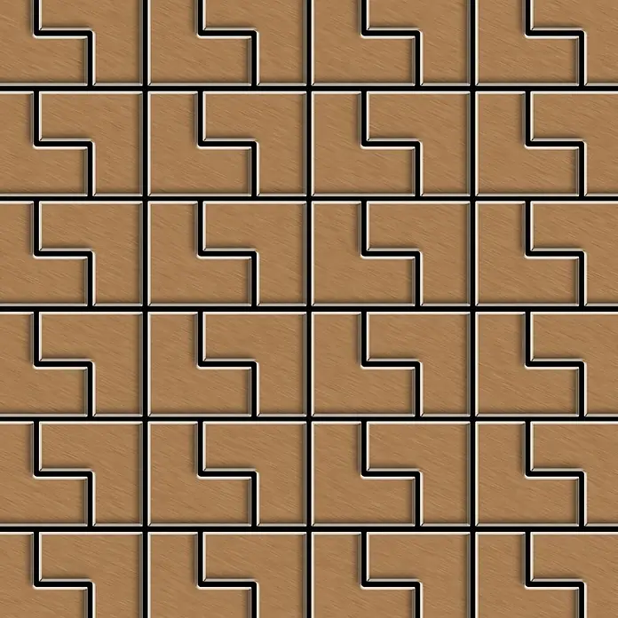 ALLOY Mosaikfliese Mosaik Fliese massiv Metall Titan gebürstet kupfer 1,6mm stark Kink-Ti-AB - 307 x 304 mm, Bronze, Sonstiges - Muster aus ineinandergreifenden L-förmigen Holzfliesen, hellbraun mit dunklen Umrissen und 3D-Effekt.