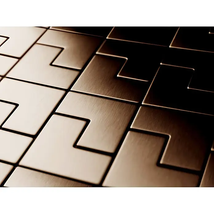 ALLOY Mosaikfliese Mosaik Fliese massiv Metall Titan gebürstet kupfer 1,6mm stark Kink-Ti-AB - 307 x 304 mm, Bronze, Sonstiges - Texturierte bronzefarbene ineinandergreifende Fliesen bilden ein dynamisches geometrisches Muster.
