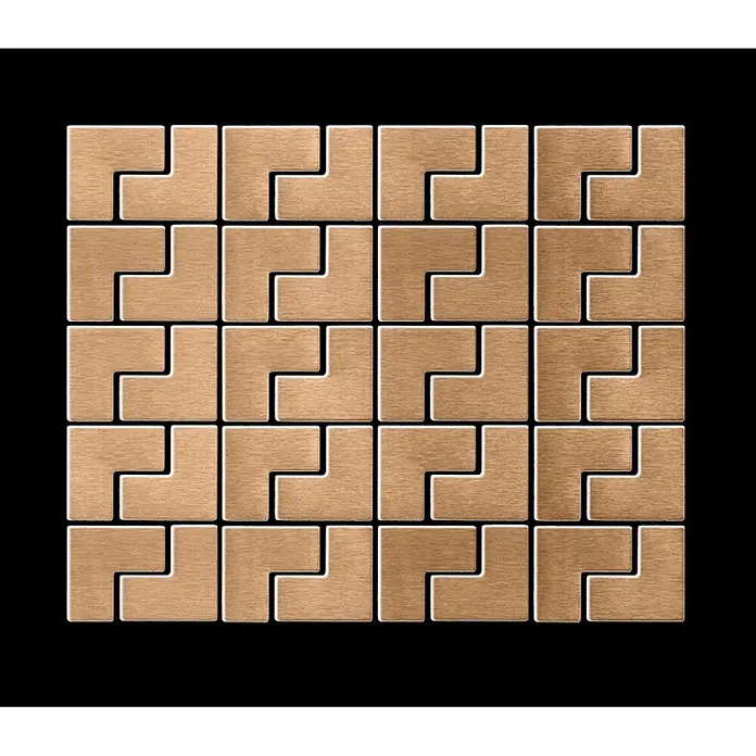 ALLOY Mosaikfliese Mosaik Fliese massiv Metall Titan gebürstet kupfer 1,6mm stark Kink-Ti-AB - 307 x 304 mm, Bronze, Sonstiges - 25 kupferfarbene, gebürstete Metall-L-förmige Puzzle-Kacheln, in einem 5x5-Gitter angeordnet.