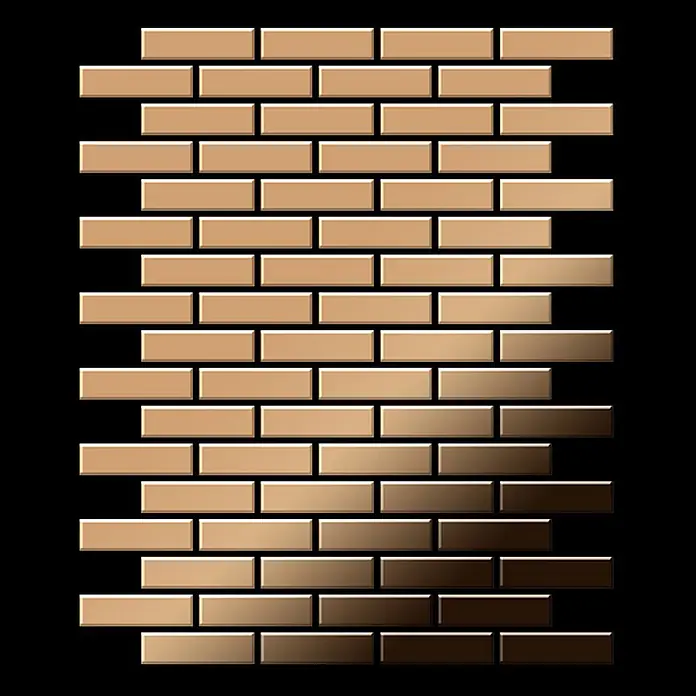 ALLOY Mosaikfliese Mosaik Fliese massiv Metall Titan hochglänzend kupfer 1,6mm stark PK-Ti-AM - 309 x 302 mm, Bronze, Hochglänzend - Metallisch glänzende Rechteckfliesen in Ziegelmuster, Farbverlauf von Hellgold zu Dunkelbraun.