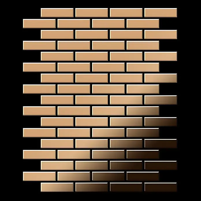 ALLOY Mosaikfliese Mosaik Fliese massiv Metall Titan hochglänzend kupfer 1,6mm stark PK-Ti-AM - 309 x 302 mm, Bronze, Hochglänzend - Glänzende rechteckige Metallfliesen in versetztem Muster, von Hellgold zu Dunkelbronze verlaufend.