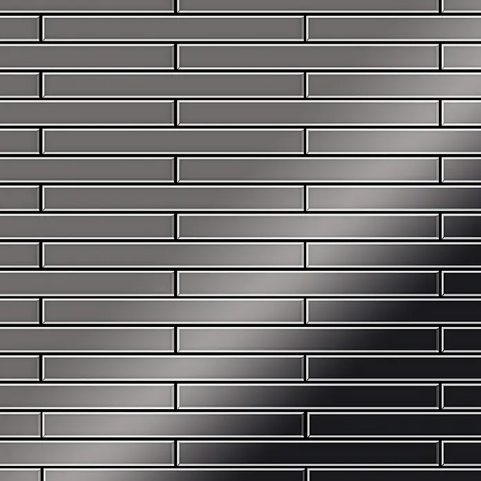 ALLOY Mosaikfliese Mosaik Fliese massiv Metall Titan hochglanz dunkelgrau 1,6mm Avenue-Ti-SM - 289 x 315 mm, Schwarz, Grau, Hochglänzend - Glänzende rechteckige Fliesen in versetztem Muster, mit einem Grauverlauf von hell nach dunkel.