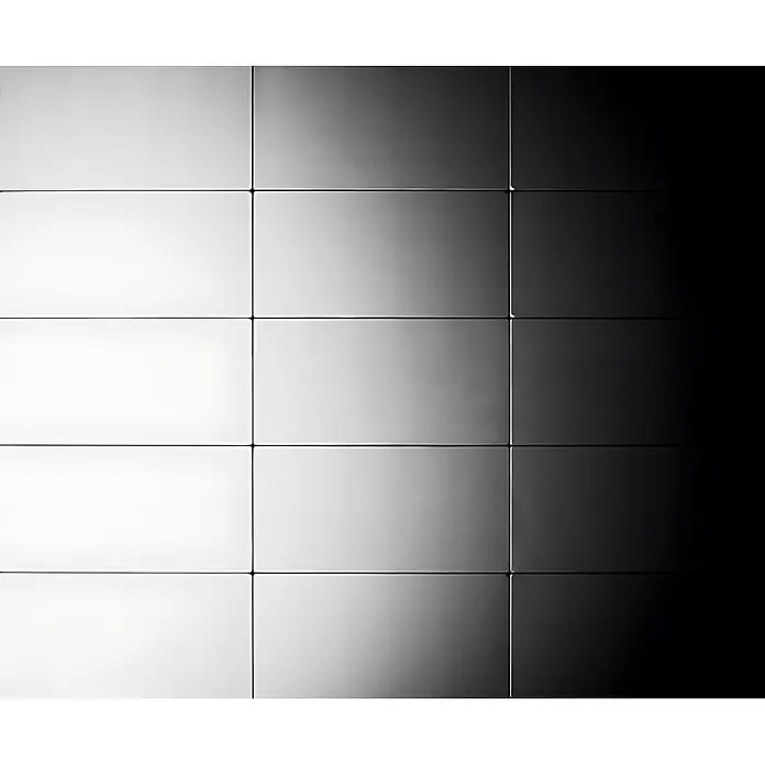 ALLOY Mosaikfliese Mosaik Fliese massiv Metall Edelstahl hochglanz grau 1,6mm Subway-S-S-M - 76 x 152 mm, Grau, Silber, Hochglänzend - Rechteckige Paneele mit einem sanften Farbverlauf von hellem Weiß zu tiefem Schwarz.