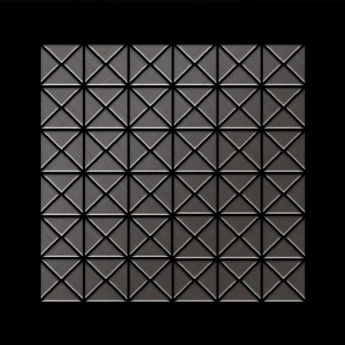 ALLOY Mosaikfliese Mosaik Fliese massiv Titan gebürstet dunkelgrau 1,6mm stark Deco-Ti-SB - 303 x 303 mm, Schwarz, Grau, Sonstiges - Dunkelgraue, metallische Quadratplatte mit geprägtem geometrischem Muster aus gebürsteten Dreieckssegmenten.