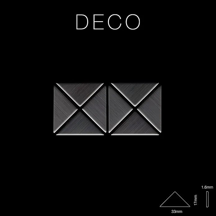 ALLOY Mosaikfliese Mosaik Fliese massiv Titan gebürstet dunkelgrau 1,6mm stark Deco-Ti-SB - 303 x 303 mm, Schwarz, Grau, Sonstiges - Zwei quadratische, metallisch graue Zierfliesen, jede aus vier gebürsteten Dreieckssegmenten. Dreieck-Maße: 33x17x1.6mm.
