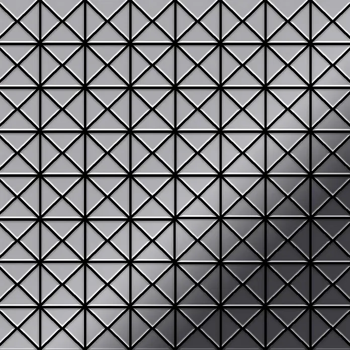 ALLOY Mosaikfliese Mosaik Fliese massiv Edelstahl hochglänzend grau 1,6mm stark Deco-S-S-M - 303 x 303 mm, Grau, Silber, Hochglänzend - Strukturierte graue Metalloberfläche mit quadratischem Gitter, jedes in vier glänzende Dreiecke geteilt, von hell nach dunkel verlaufend.