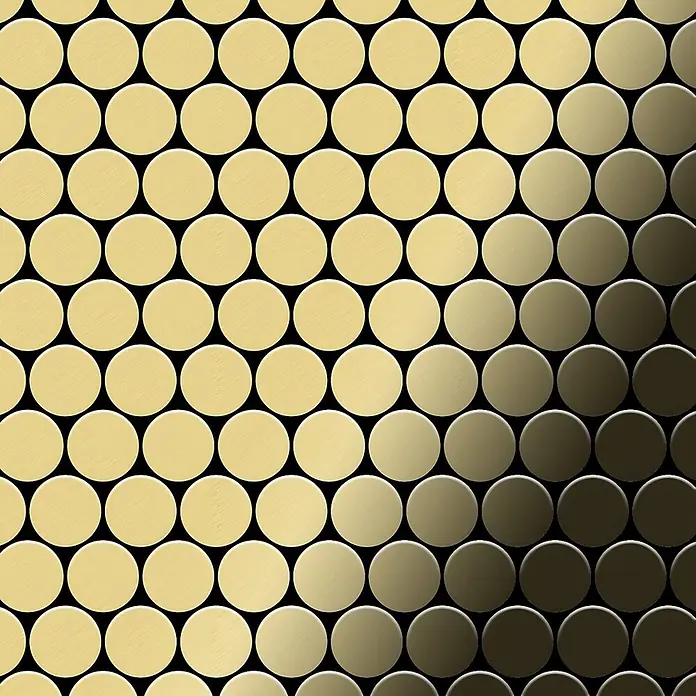 ALLOY Mosaikfliese Mosaik Fliese massiv Metall Messing gewalzt gold 1,6mm stark Dollar-BM - 295 x 322 mm, Gold, Sonstiges - Runde goldene Mosaikfliesen mit gebürsteter Textur und einem Hell-Dunkel-Verlauf.