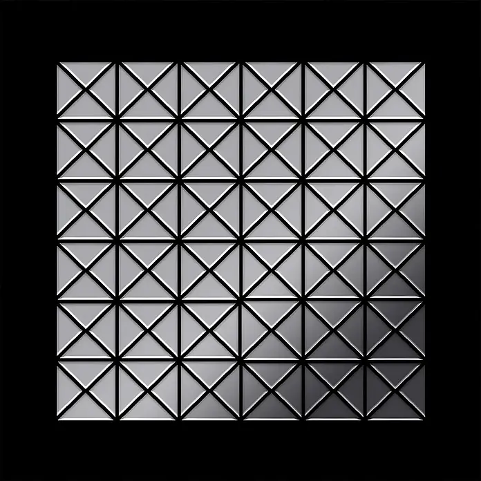 ALLOY Mosaikfliese Mosaik Fliese massiv Edelstahl hochglänzend grau 1,6mm stark Deco-S-S-M - 303 x 303 mm, Grau, Silber, Hochglänzend - Texturiertes Quadratgitter aus metallisch grauen Dreiecksfliesen, die ein geprägtes Muster mit subtilem dunklem Farbverlauf bilden.