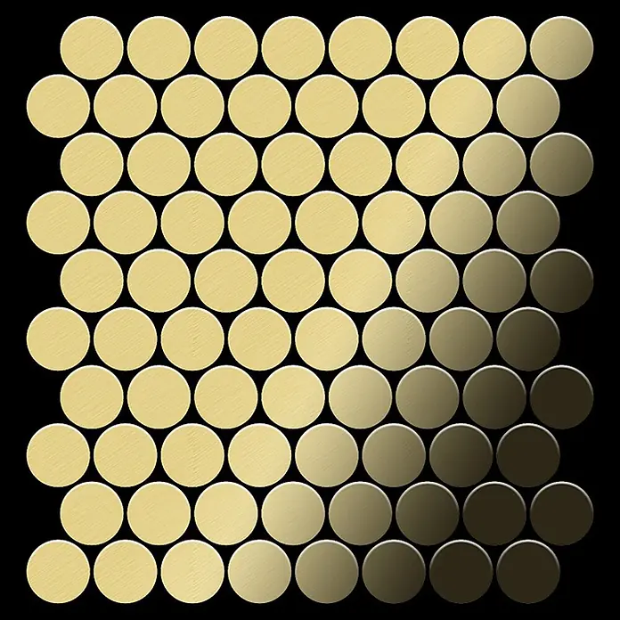 ALLOY Mosaikfliese Mosaik Fliese massiv Metall Messing gewalzt gold 1,6mm stark Dollar-BM - 295 x 322 mm, Gold, Sonstiges - Gebürstete runde goldene Mosaikfliesen mit Gold-Bronze-Farbverlauf.