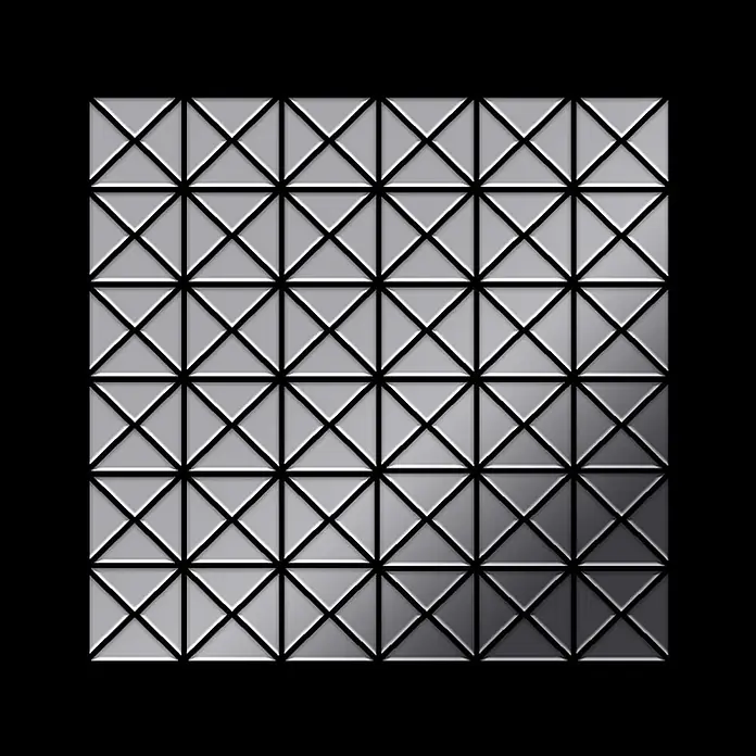ALLOY Mosaikfliese Mosaik Fliese massiv Edelstahl hochglänzend grau 1,6mm stark Deco-S-S-M - 303 x 303 mm, Grau, Silber, Hochglänzend - Silbernes geometrisches Mosaikmuster mit einem subtilen Hell-Dunkel-Verlauf.