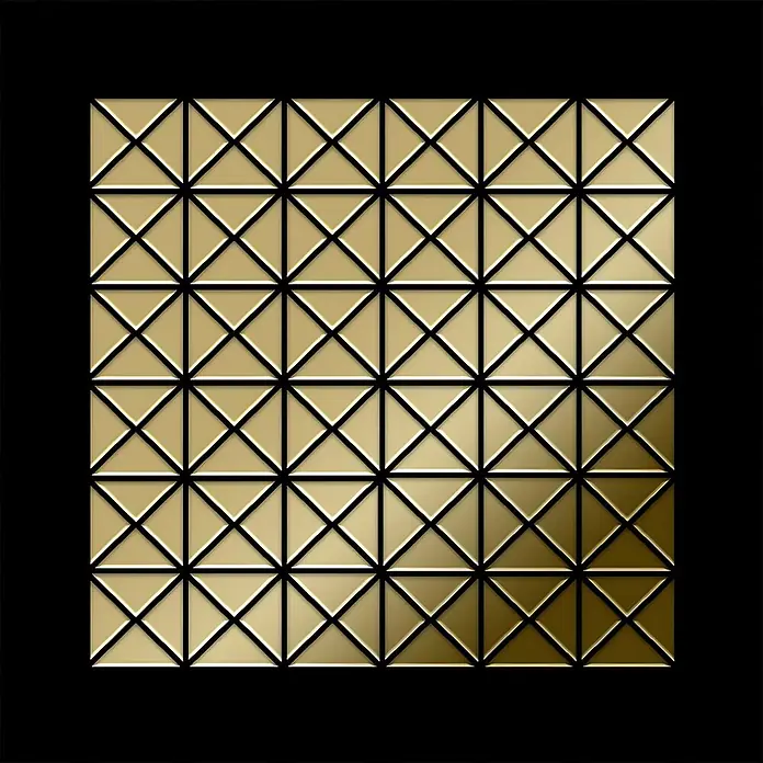 ALLOY Mosaikfliese Mosaik Fliese massiv Metall Titan hochglänzend gold 1,6mm stark Deco-Ti-GM - 303 x 303 mm, Gold, Hochglänzend - Quadratische Fliese aus metallischem Gold mit dreieckigem Gittermuster, das subtil nach Dunkelgold unten rechts verläuft.