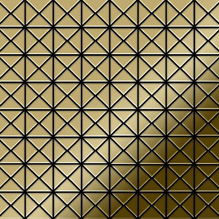 ALLOY Mosaikfliese Mosaik Fliese massiv Metall Titan hochglänzend gold 1,6mm stark Deco-Ti-GM - 303 x 303 mm, Gold, Hochglänzend - Metallisches goldenes geometrisches Muster aus facettierten Quadraten mit schwarzen Umrissen.