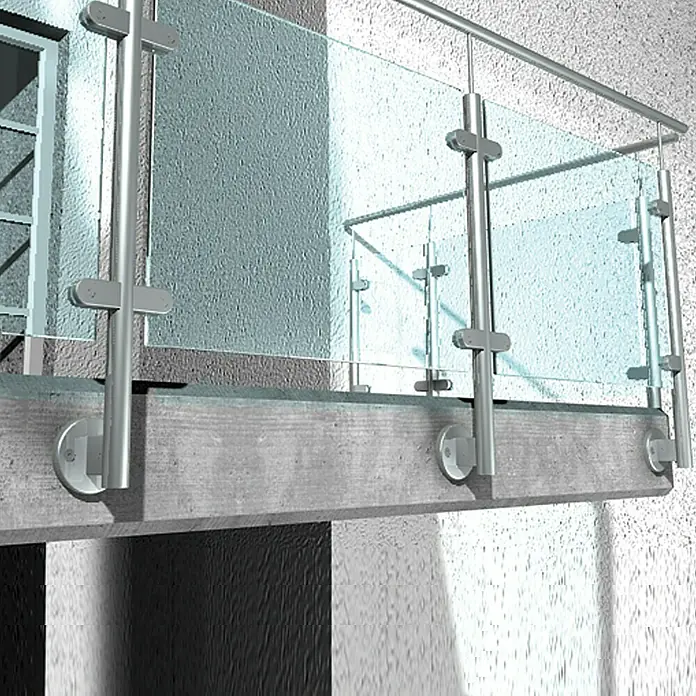 Fischer Perno de anclaje para cargas pesadas FAZ II - M10 x 143 mm, Longitud útil: 100 mm estándar, Zincado, 20 ud. - Imagen de una barandilla de vidrio moderna con estructura de acero. La barandilla ofrece seguridad y diseño moderno para balcones y terrazas.