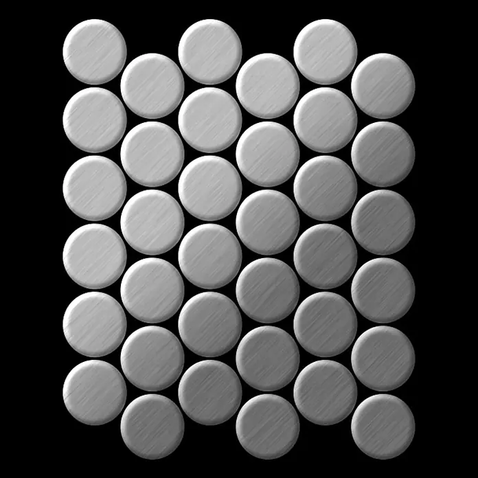 ALLOY Mosaikfliese Mosaik Fliese massiv Edelstahl gebürstet grau 1,6mm stark Dome-S-S-B - 313 x 256 mm, Grau, Silber, Sonstiges - Muster aus mehreren silbernen, gebürsteten Metallscheiben auf schwarzem Hintergrund.